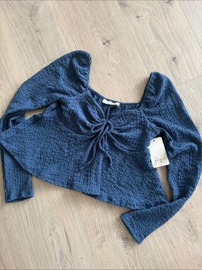 gaze Navy Blue Textured Tie-Front Long Sleeve Crop Top